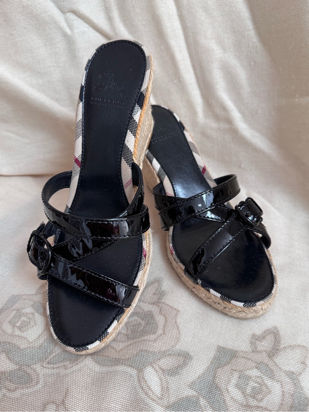 Burberry Black Patent Wedge Sandals with Signature Check Trim